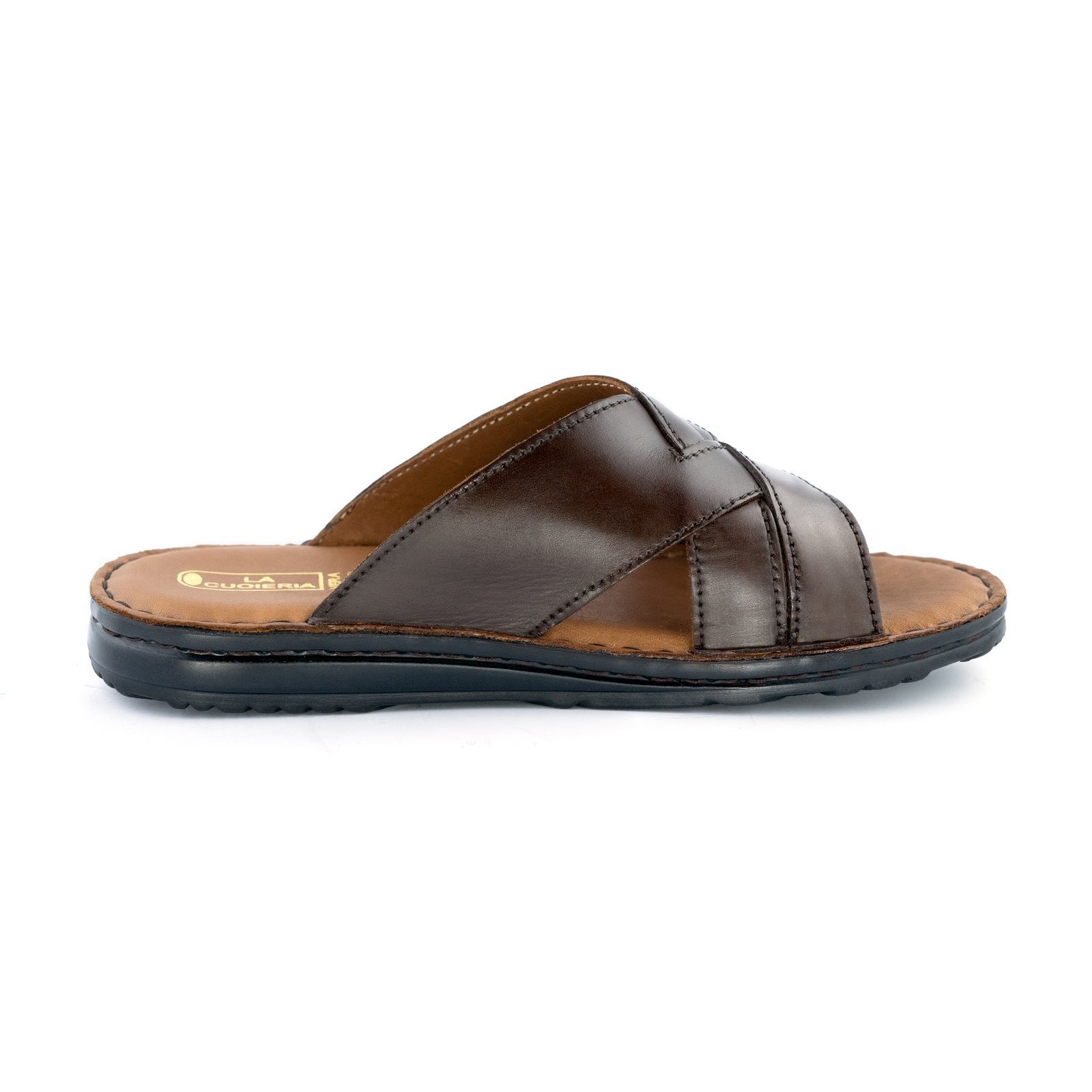LA-CUOIERIA-Men-Cross-Strap-Leather-Brown-Chappal-LMCLBRC-38092.jpg LA CUOIERIA Men Cross Strap Brown Leather Slipper - Image 1